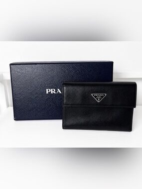 Prada Black Leather Logo Wallet in Box